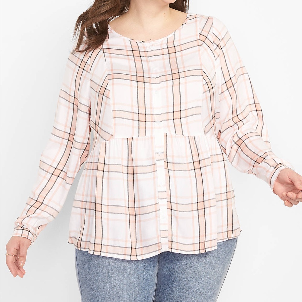 Lane Bryant Casual Blouse Pink Plaid size 16 Long. Peasant / baby doll style